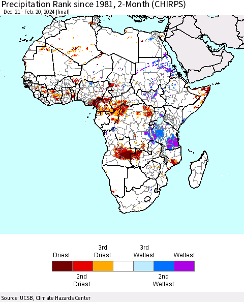 Africa Precipitation Rank since 1981, 2-Month (CHIRPS) Thematic Map For 12/21/2023 - 2/20/2024