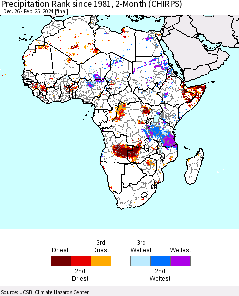 Africa Precipitation Rank since 1981, 2-Month (CHIRPS) Thematic Map For 12/26/2023 - 2/25/2024