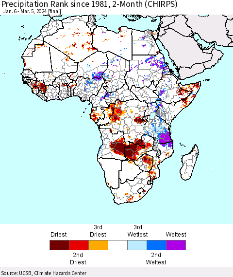 Africa Precipitation Rank since 1981, 2-Month (CHIRPS) Thematic Map For 1/6/2024 - 3/5/2024