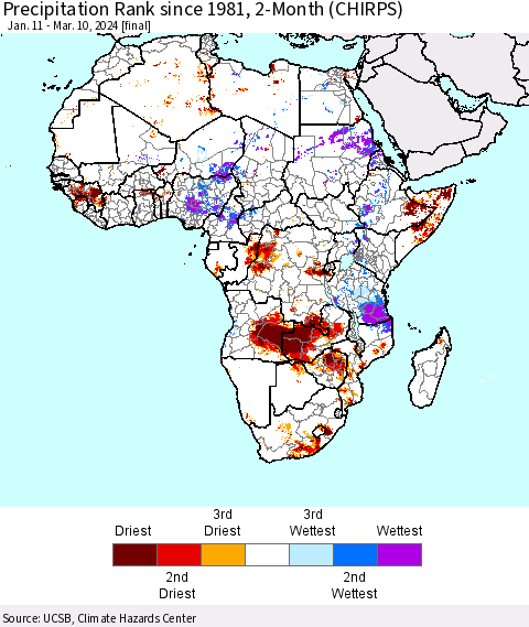 Africa Precipitation Rank since 1981, 2-Month (CHIRPS) Thematic Map For 1/11/2024 - 3/10/2024