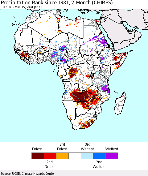 Africa Precipitation Rank since 1981, 2-Month (CHIRPS) Thematic Map For 1/16/2024 - 3/15/2024
