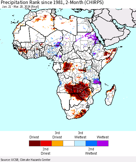 Africa Precipitation Rank since 1981, 2-Month (CHIRPS) Thematic Map For 1/21/2024 - 3/20/2024