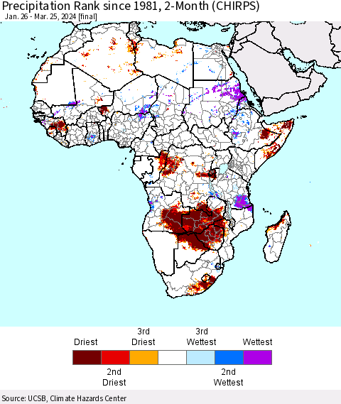 Africa Precipitation Rank since 1981, 2-Month (CHIRPS) Thematic Map For 1/26/2024 - 3/25/2024