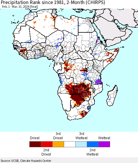 Africa Precipitation Rank since 1981, 2-Month (CHIRPS) Thematic Map For 2/1/2024 - 3/31/2024