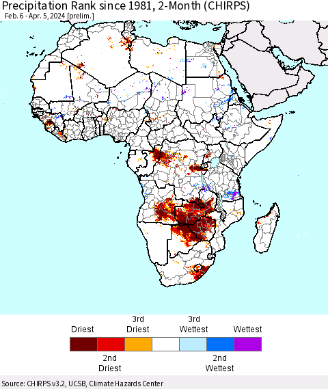 Africa Precipitation Rank since 1981, 2-Month (CHIRPS) Thematic Map For 2/6/2024 - 4/5/2024