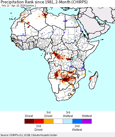 Africa Precipitation Rank since 1981, 2-Month (CHIRPS) Thematic Map For 2/11/2024 - 4/10/2024