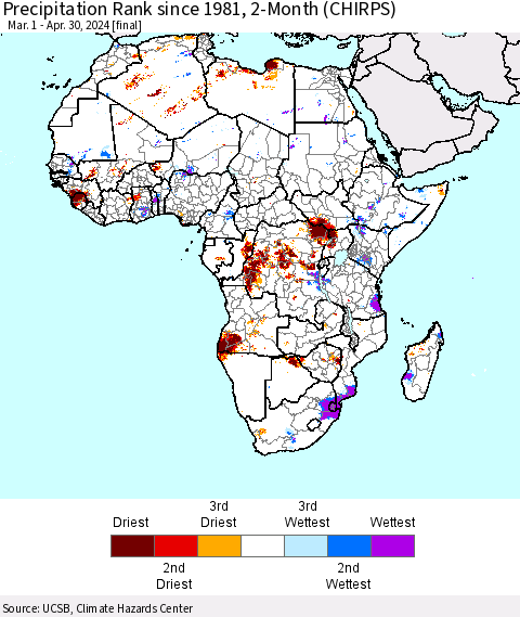 Africa Precipitation Rank since 1981, 2-Month (CHIRPS) Thematic Map For 3/1/2024 - 4/30/2024