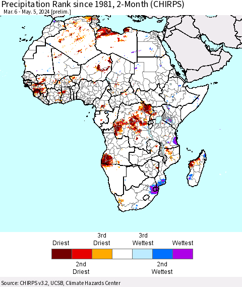 Africa Precipitation Rank since 1981, 2-Month (CHIRPS) Thematic Map For 3/6/2024 - 5/5/2024