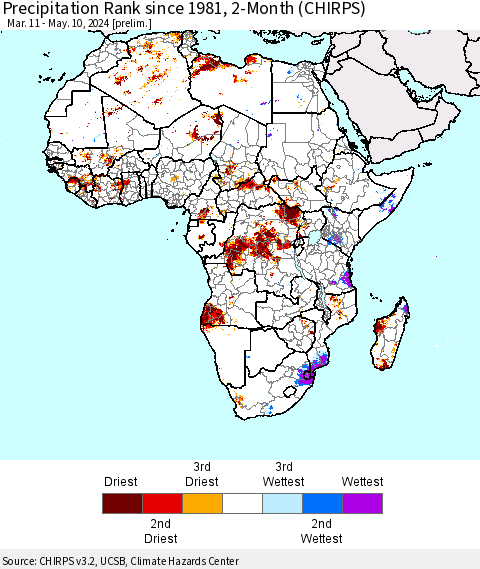 Africa Precipitation Rank since 1981, 2-Month (CHIRPS) Thematic Map For 3/11/2024 - 5/10/2024