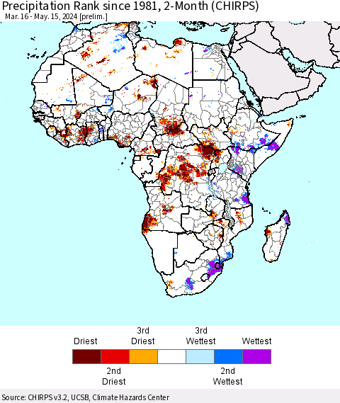 Africa Precipitation Rank since 1981, 2-Month (CHIRPS) Thematic Map For 3/16/2024 - 5/15/2024