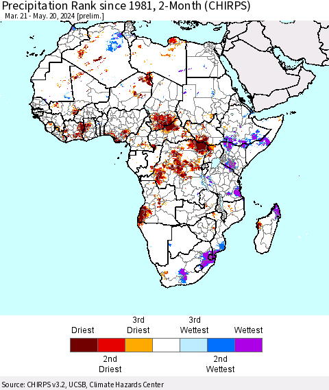 Africa Precipitation Rank since 1981, 2-Month (CHIRPS) Thematic Map For 3/21/2024 - 5/20/2024