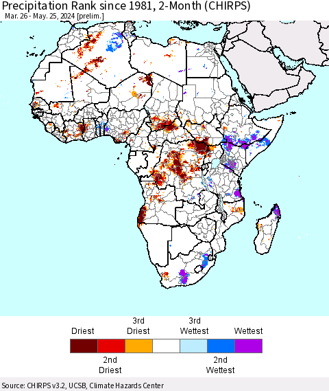 Africa Precipitation Rank since 1981, 2-Month (CHIRPS) Thematic Map For 3/26/2024 - 5/25/2024