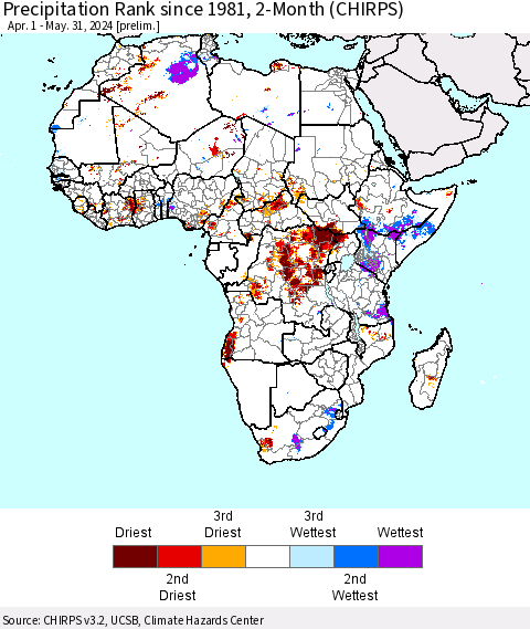 Africa Precipitation Rank since 1981, 2-Month (CHIRPS) Thematic Map For 4/1/2024 - 5/31/2024