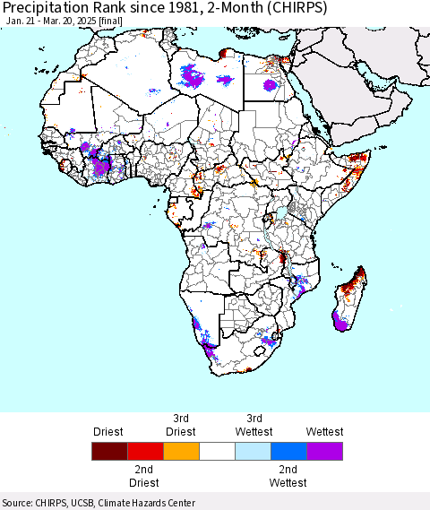 Africa Precipitation Rank since 1981, 2-Month (CHIRPS) Thematic Map For 1/21/2025 - 3/20/2025