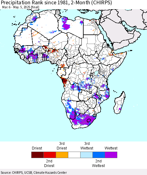 Africa Precipitation Rank since 1981, 2-Month (CHIRPS) Thematic Map For 3/6/2025 - 5/5/2025