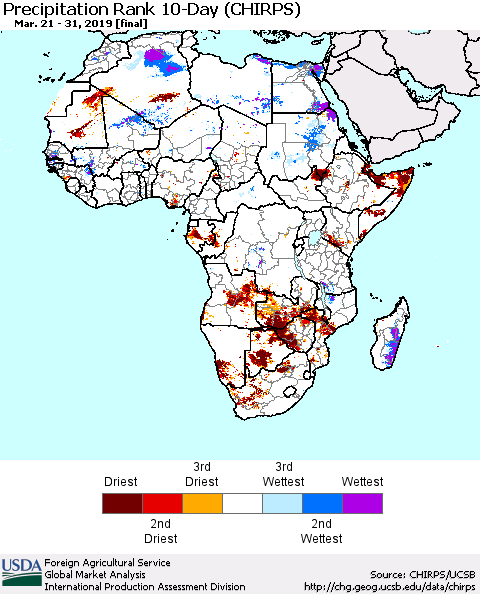 Africa Precipitation Rank since 1981, 10-Day (CHIRPS) Thematic Map For 3/21/2019 - 3/31/2019