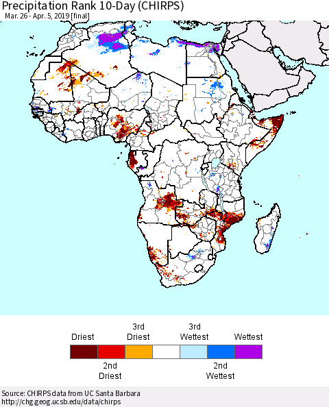 Africa Precipitation Rank since 1981, 10-Day (CHIRPS) Thematic Map For 3/26/2019 - 4/5/2019