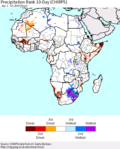 Africa Precipitation Rank since 1981, 10-Day (CHIRPS) Thematic Map For 4/1/2019 - 4/10/2019