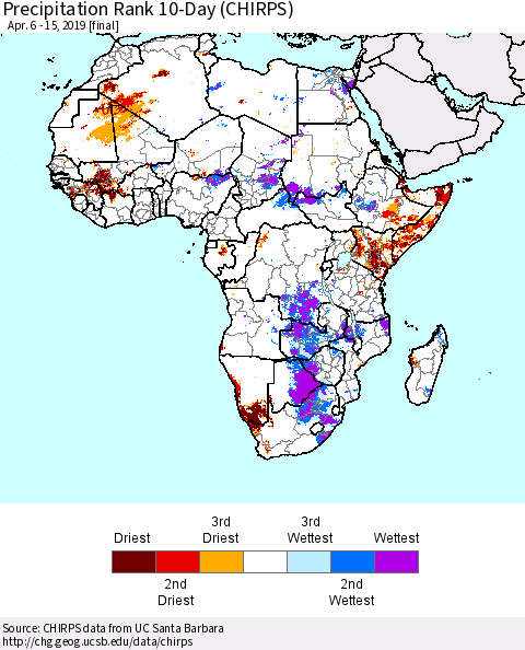 Africa Precipitation Rank since 1981, 10-Day (CHIRPS) Thematic Map For 4/6/2019 - 4/15/2019