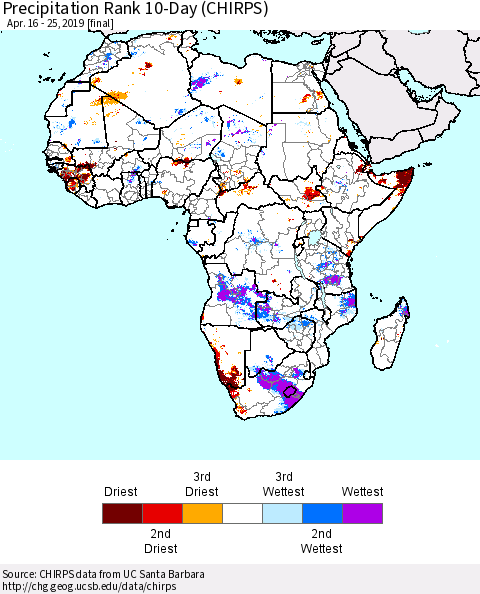 Africa Precipitation Rank since 1981, 10-Day (CHIRPS) Thematic Map For 4/16/2019 - 4/25/2019