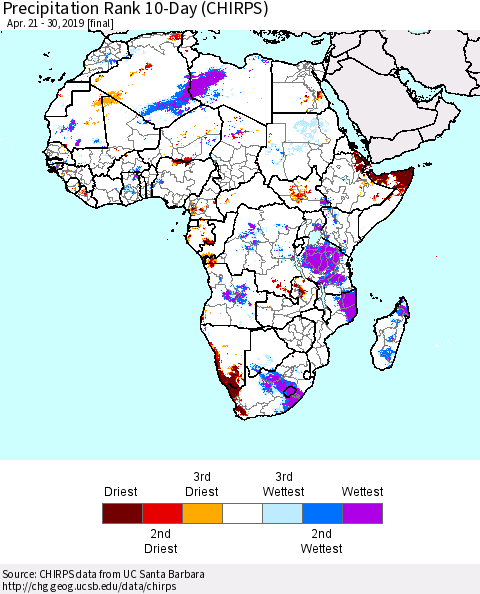 Africa Precipitation Rank since 1981, 10-Day (CHIRPS) Thematic Map For 4/21/2019 - 4/30/2019