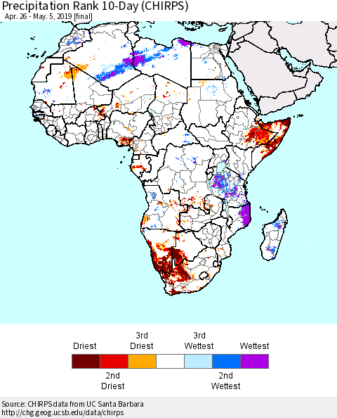 Africa Precipitation Rank since 1981, 10-Day (CHIRPS) Thematic Map For 4/26/2019 - 5/5/2019