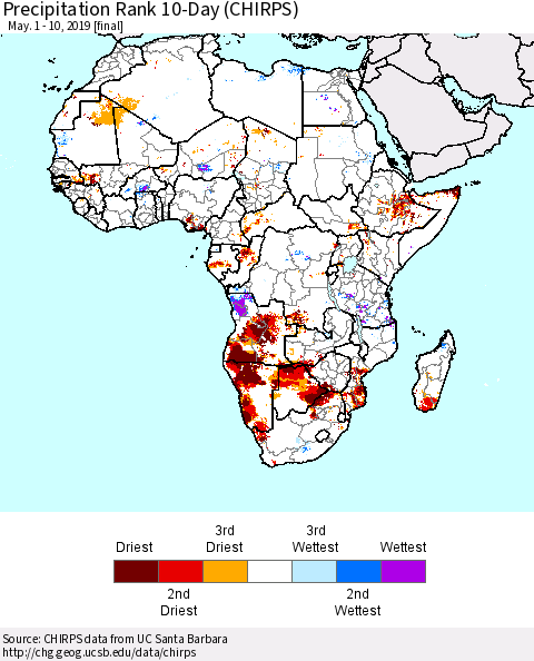 Africa Precipitation Rank since 1981, 10-Day (CHIRPS) Thematic Map For 5/1/2019 - 5/10/2019
