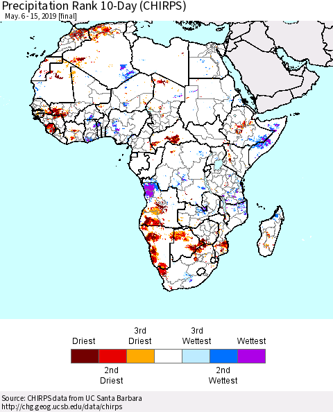 Africa Precipitation Rank since 1981, 10-Day (CHIRPS) Thematic Map For 5/6/2019 - 5/15/2019