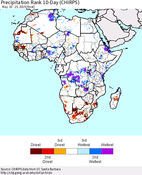 Africa Precipitation Rank since 1981, 10-Day (CHIRPS) Thematic Map For 5/16/2019 - 5/25/2019