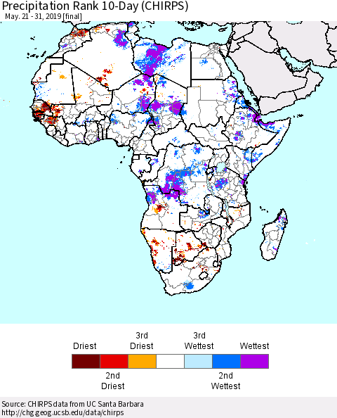 Africa Precipitation Rank since 1981, 10-Day (CHIRPS) Thematic Map For 5/21/2019 - 5/31/2019