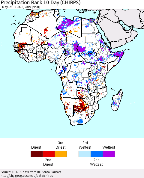 Africa Precipitation Rank since 1981, 10-Day (CHIRPS) Thematic Map For 5/26/2019 - 6/5/2019