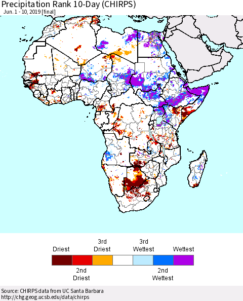 Africa Precipitation Rank since 1981, 10-Day (CHIRPS) Thematic Map For 6/1/2019 - 6/10/2019