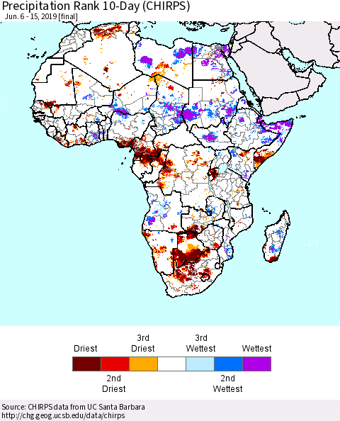 Africa Precipitation Rank since 1981, 10-Day (CHIRPS) Thematic Map For 6/6/2019 - 6/15/2019