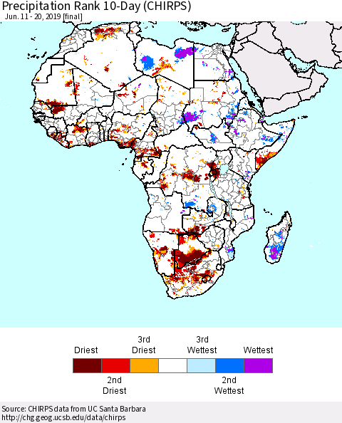 Africa Precipitation Rank since 1981, 10-Day (CHIRPS) Thematic Map For 6/11/2019 - 6/20/2019