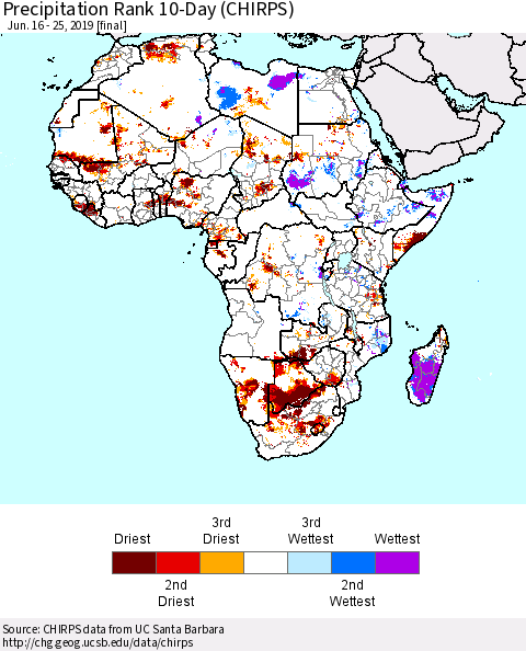 Africa Precipitation Rank since 1981, 10-Day (CHIRPS) Thematic Map For 6/16/2019 - 6/25/2019