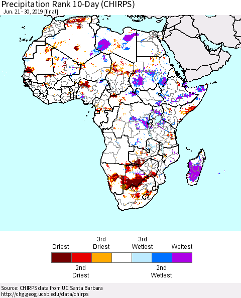 Africa Precipitation Rank since 1981, 10-Day (CHIRPS) Thematic Map For 6/21/2019 - 6/30/2019