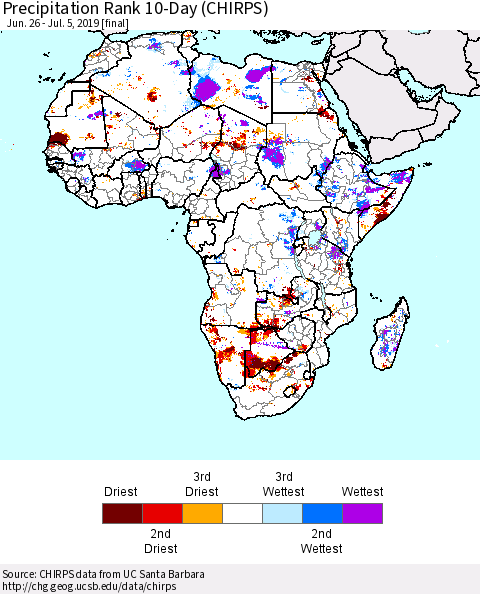 Africa Precipitation Rank since 1981, 10-Day (CHIRPS) Thematic Map For 6/26/2019 - 7/5/2019