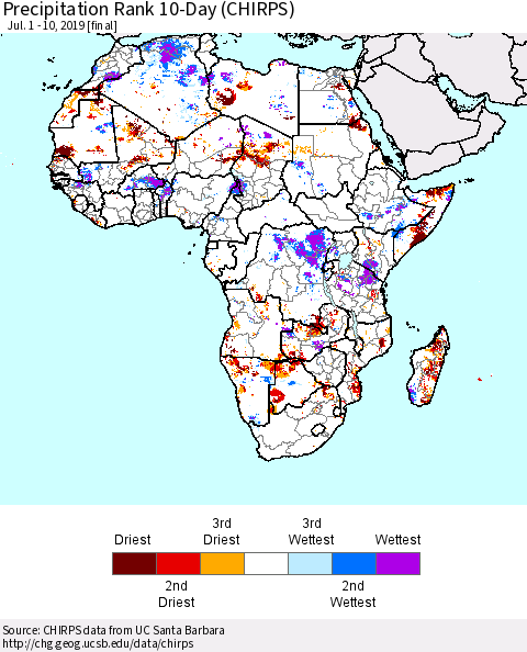 Africa Precipitation Rank since 1981, 10-Day (CHIRPS) Thematic Map For 7/1/2019 - 7/10/2019