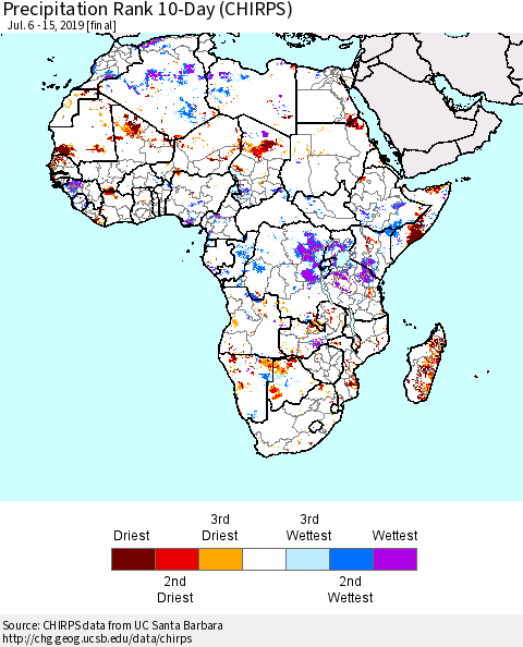 Africa Precipitation Rank since 1981, 10-Day (CHIRPS) Thematic Map For 7/6/2019 - 7/15/2019