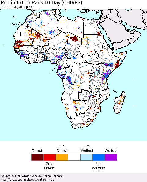 Africa Precipitation Rank since 1981, 10-Day (CHIRPS) Thematic Map For 7/11/2019 - 7/20/2019