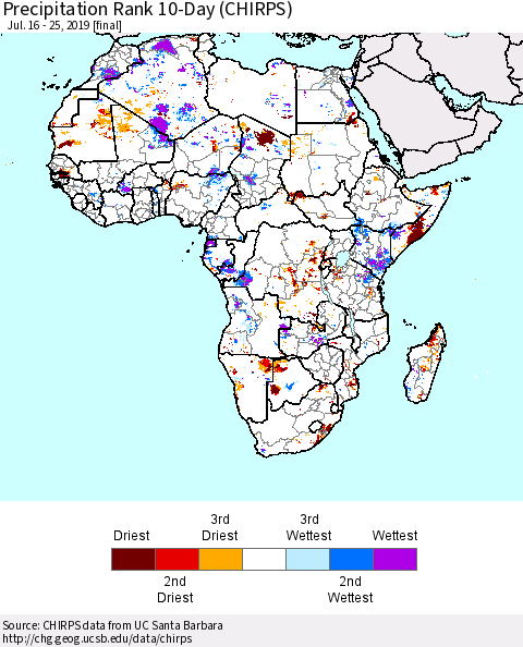 Africa Precipitation Rank since 1981, 10-Day (CHIRPS) Thematic Map For 7/16/2019 - 7/25/2019