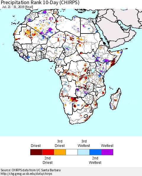 Africa Precipitation Rank since 1981, 10-Day (CHIRPS) Thematic Map For 7/21/2019 - 7/31/2019