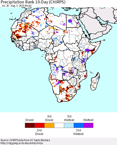 Africa Precipitation Rank since 1981, 10-Day (CHIRPS) Thematic Map For 7/26/2019 - 8/5/2019