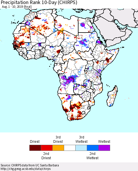 Africa Precipitation Rank since 1981, 10-Day (CHIRPS) Thematic Map For 8/1/2019 - 8/10/2019