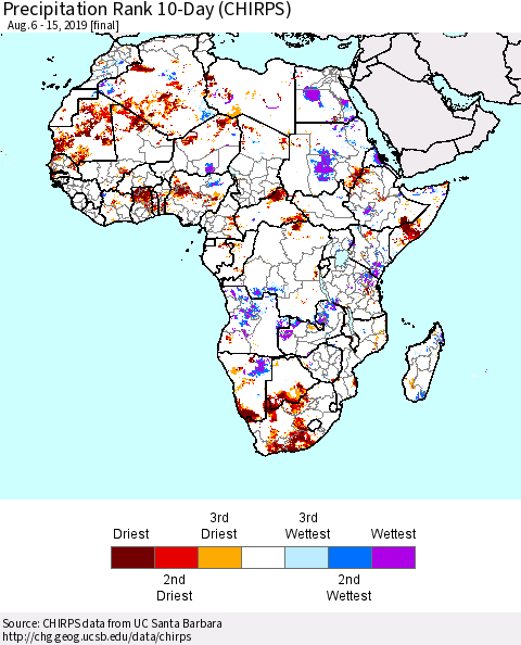 Africa Precipitation Rank since 1981, 10-Day (CHIRPS) Thematic Map For 8/6/2019 - 8/15/2019