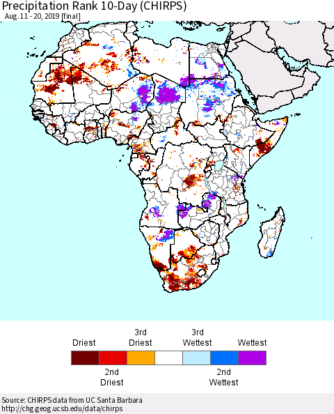 Africa Precipitation Rank since 1981, 10-Day (CHIRPS) Thematic Map For 8/11/2019 - 8/20/2019