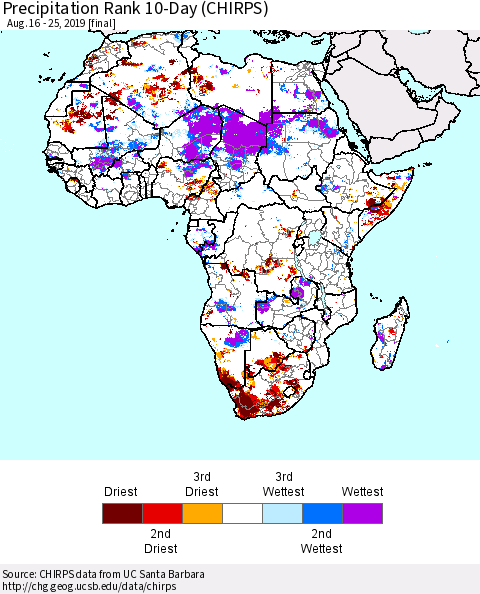 Africa Precipitation Rank since 1981, 10-Day (CHIRPS) Thematic Map For 8/16/2019 - 8/25/2019