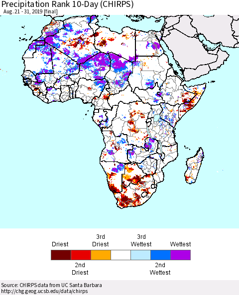 Africa Precipitation Rank since 1981, 10-Day (CHIRPS) Thematic Map For 8/21/2019 - 8/31/2019