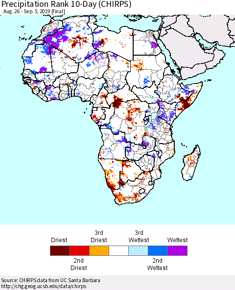 Africa Precipitation Rank since 1981, 10-Day (CHIRPS) Thematic Map For 8/26/2019 - 9/5/2019
