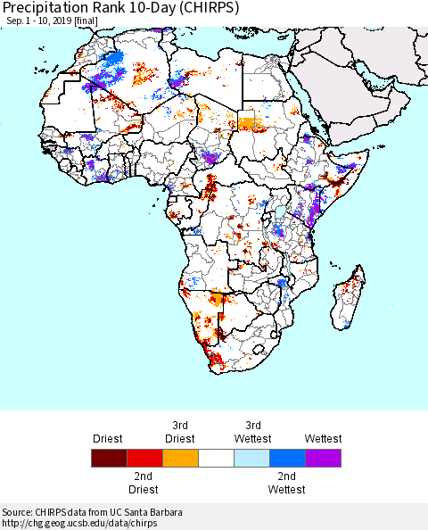 Africa Precipitation Rank since 1981, 10-Day (CHIRPS) Thematic Map For 9/1/2019 - 9/10/2019